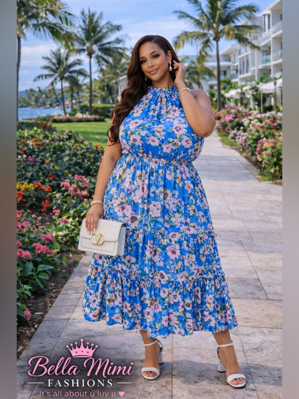 NWT Nina Leonard Blue Floral Halter Midi Dress size 2X 💙💙💙 BRB SL 3